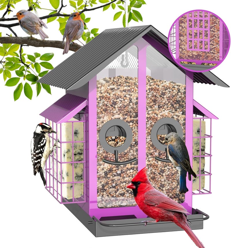 FlowaFoli Bird Feeders for Outdoors, Metal Bird Feeder with Double Suet Cage Weatherproof Metal Roof, 2 in 1 Mixed Seeds Suet Feeder, 4Lbs Large Capacity, Great for Finch、Cardinal、Chickadee（Purple） - Image 1